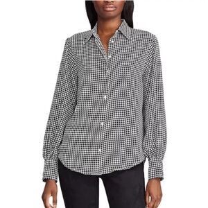 Chaps Houndstooth Long Sleeve Collared Career Office Button Up Blouse